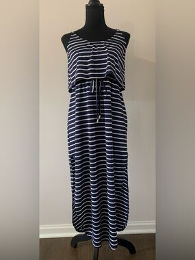 Navy and White Striped Maxi Dress with Drawstring Waist
